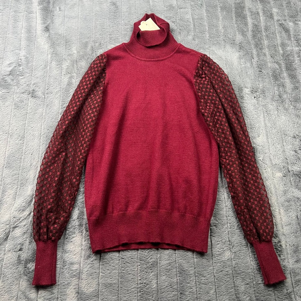 Marled Zinfandel Burgundy Turtleneck Sweater Sheer Puff Sleeve 00386-TJMS Small